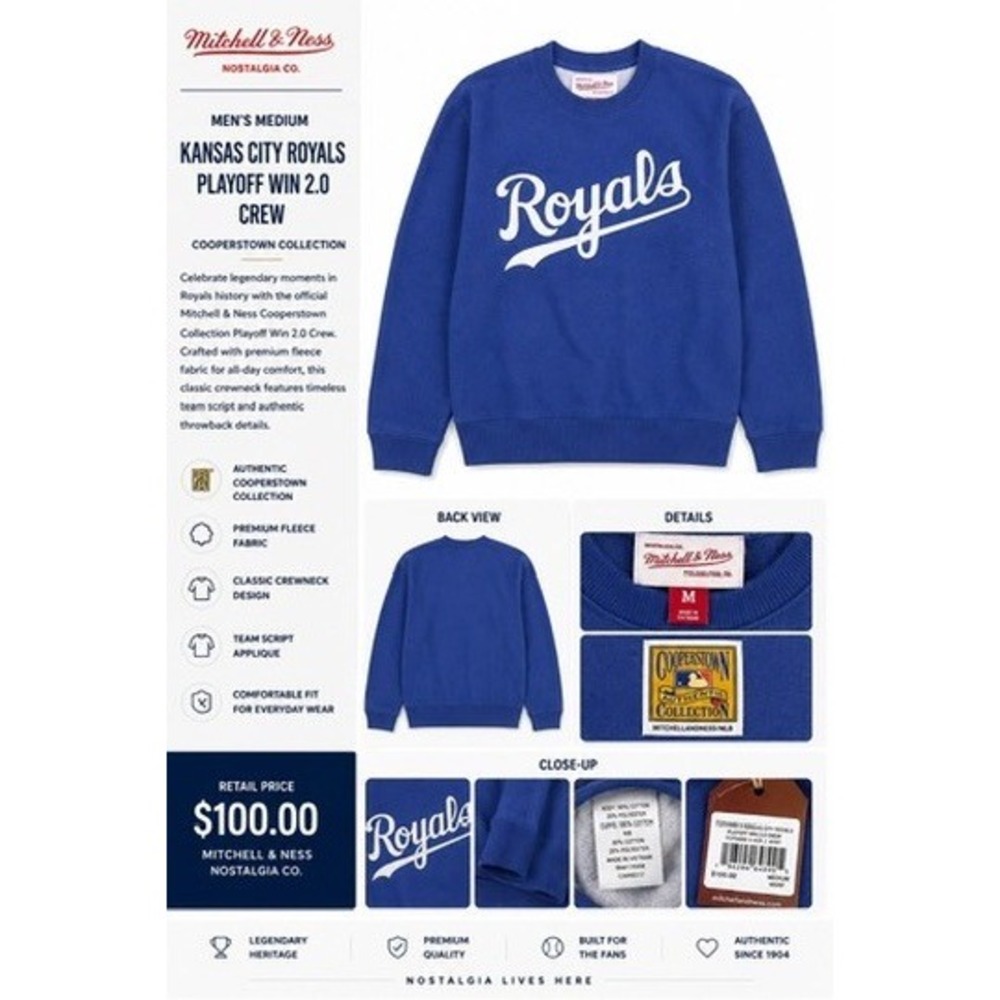 Mitchell & Ness Mens Sweatshirt Medium Blue Kansas City Royals Playoff Win 2.0